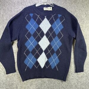 Vintage Sears Classics Sweater Mens Medium Navy Blue Argyle Wool Pullover 80s
